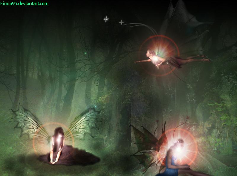 Three Gothic-fairies flying in a dark forest