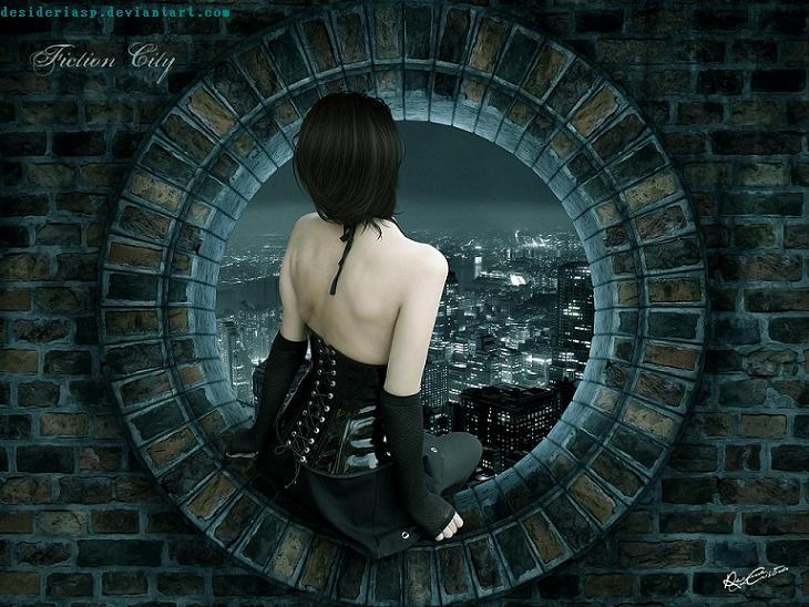 Gothic-backgrounds of a girl sitting at a ledge
