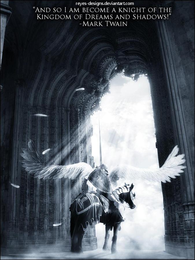 Gothic-fantasy-art knight riding a pegasus